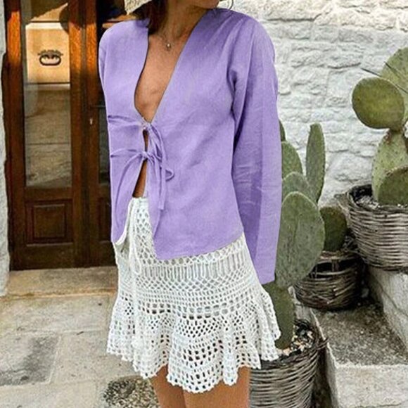 Purple Casual Women's Tie Front Flounce Sleeve Blouse - Picture 4 of 5